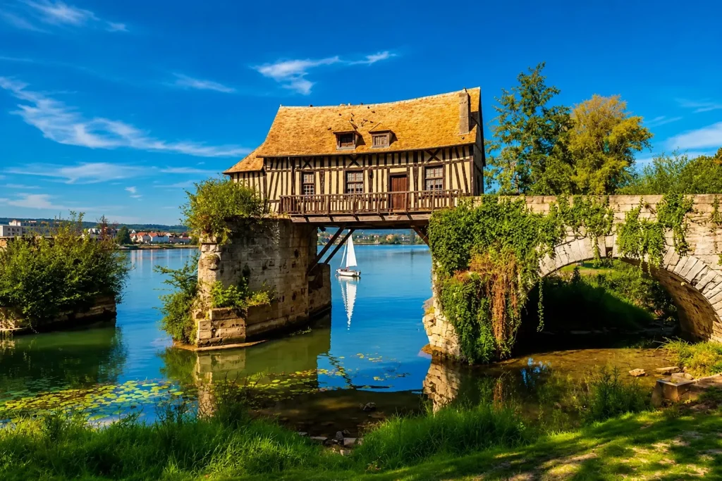 Le Vieux-Moulin à colombages de Vernon perché sur les piles de l'ancien pont au-dessus de la Seine